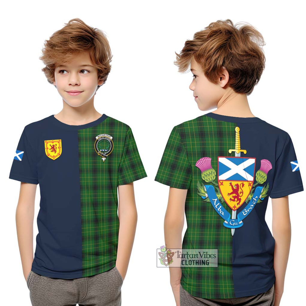 Tartan Vibes Clothing MacArthur Highland Tartan Kid T-Shirt with Scottish Lion Royal Arm Half Style