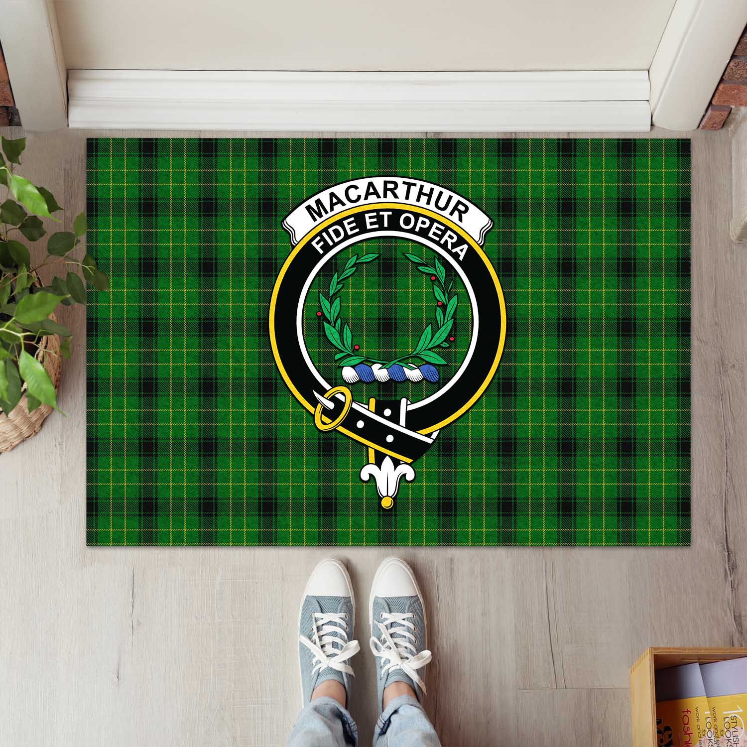 MacArthur Highland Tartan Door Mat with Family Crest - Tartanvibesclothing