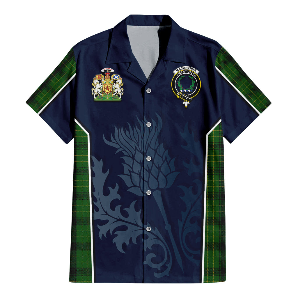 Tartan Vibes Clothing MacArthur Highland Tartan Short Sleeve Button Up Shirt with Family Crest and Scottish Thistle Vibes Sport Style