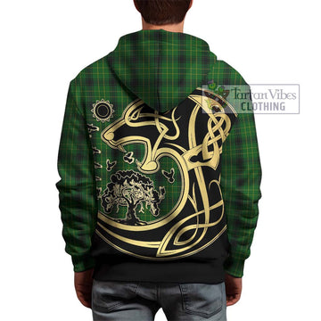 MacArthur Highland Tartan Hoodie with Family Crest Celtic Wolf Style