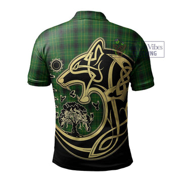 MacArthur Highland Tartan Polo Shirt with Family Crest Celtic Wolf Style