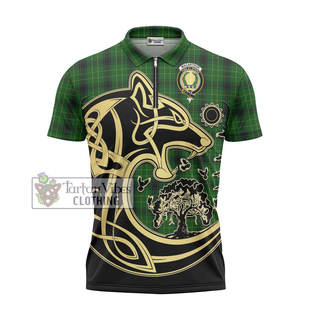 MacArthur Highland Tartan Zipper Polo Shirt with Family Crest Celtic Wolf Style - Tartanvibesclothing Shop