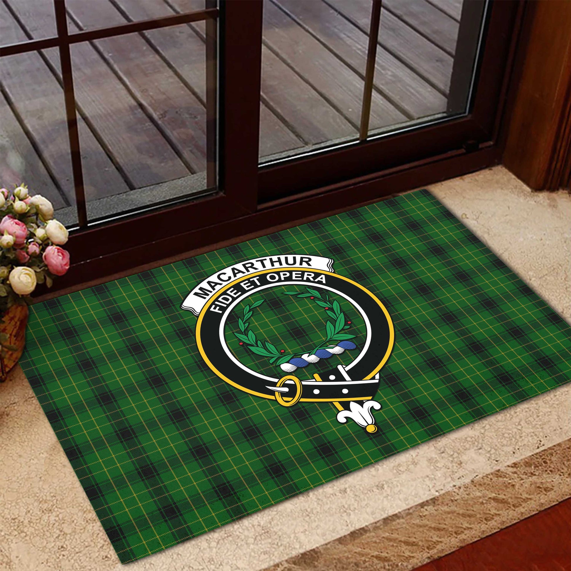 MacArthur Highland Tartan Door Mat with Family Crest - Tartanvibesclothing