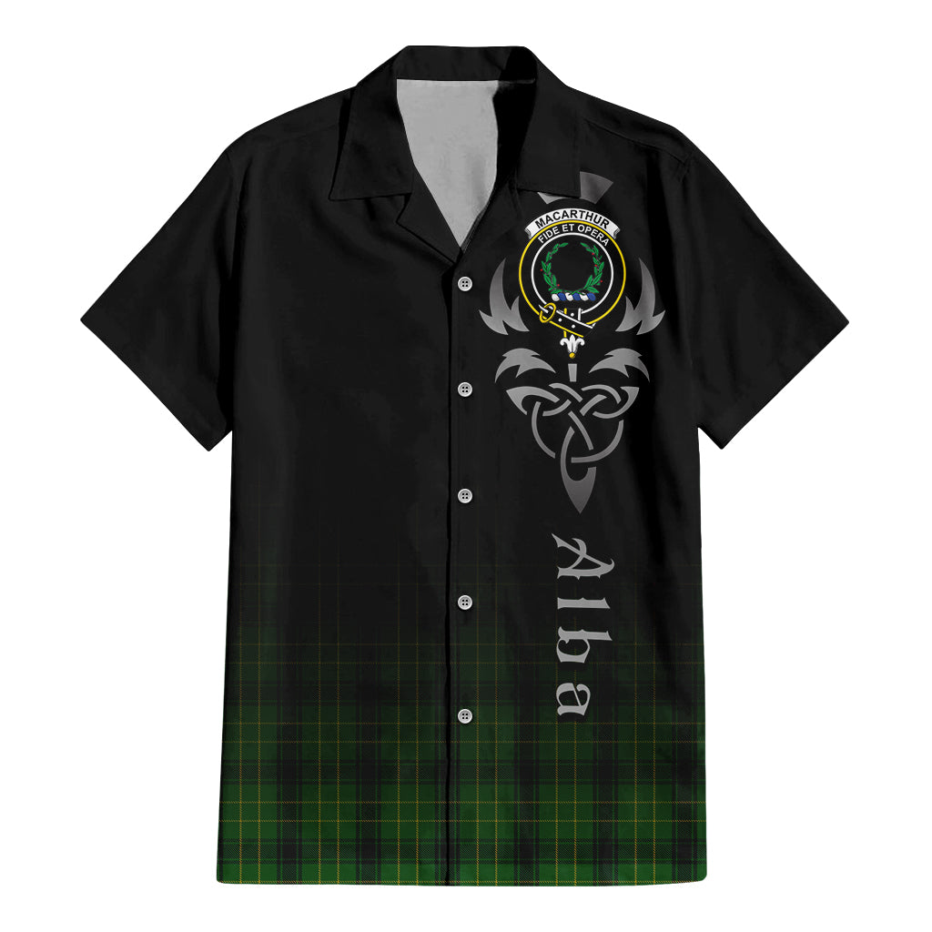 Tartan Vibes Clothing MacArthur Highland Tartan Short Sleeve Button Up Featuring Alba Gu Brath Family Crest Celtic Inspired