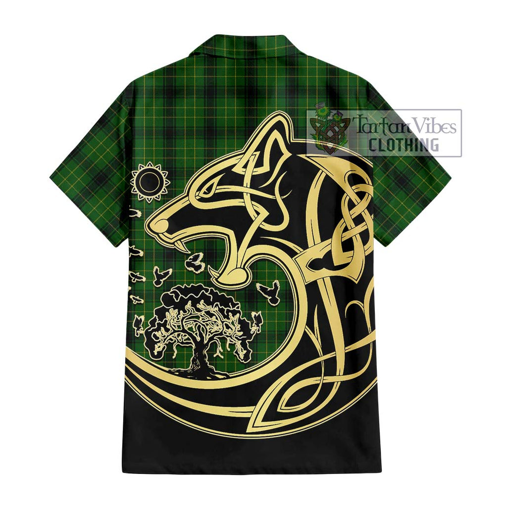 MacArthur Highland Tartan Short Sleeve Button Shirt with Family Crest Celtic Wolf Style - Tartan Vibes Clothing