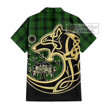 MacArthur Highland Tartan Short Sleeve Button Shirt with Family Crest Celtic Wolf Style