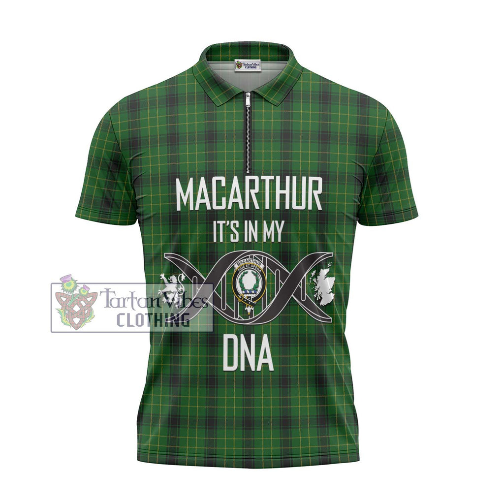 MacArthur Highland Tartan Zipper Polo Shirt with Family Crest DNA In Me Style - Tartanvibesclothing Shop