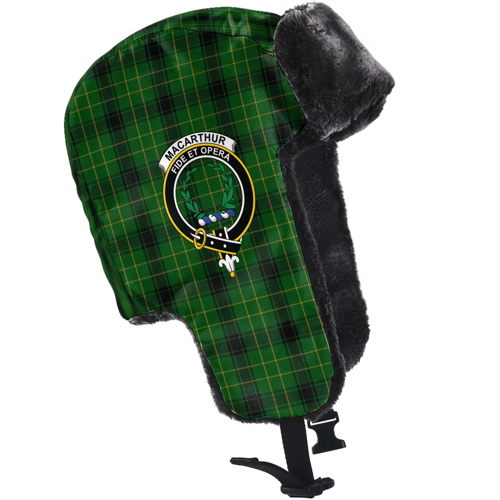 MacArthur Highland Tartan Winter Trapper Hat with Family Crest - Tartanvibesclothing