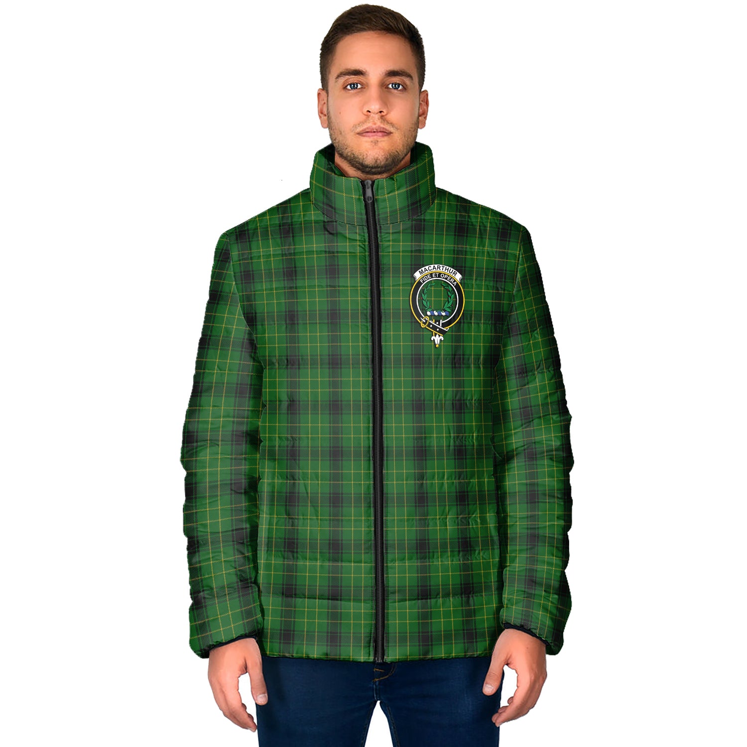 MacArthur Highland Tartan Padded Jacket with Family Crest - Tartan Vibes Clothing