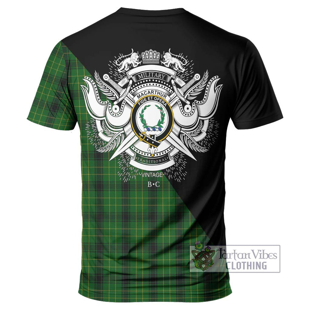 MacArthur Highland Tartan T-Shirt with Family Crest and Military Logo Style - Tartanvibesclothing Shop