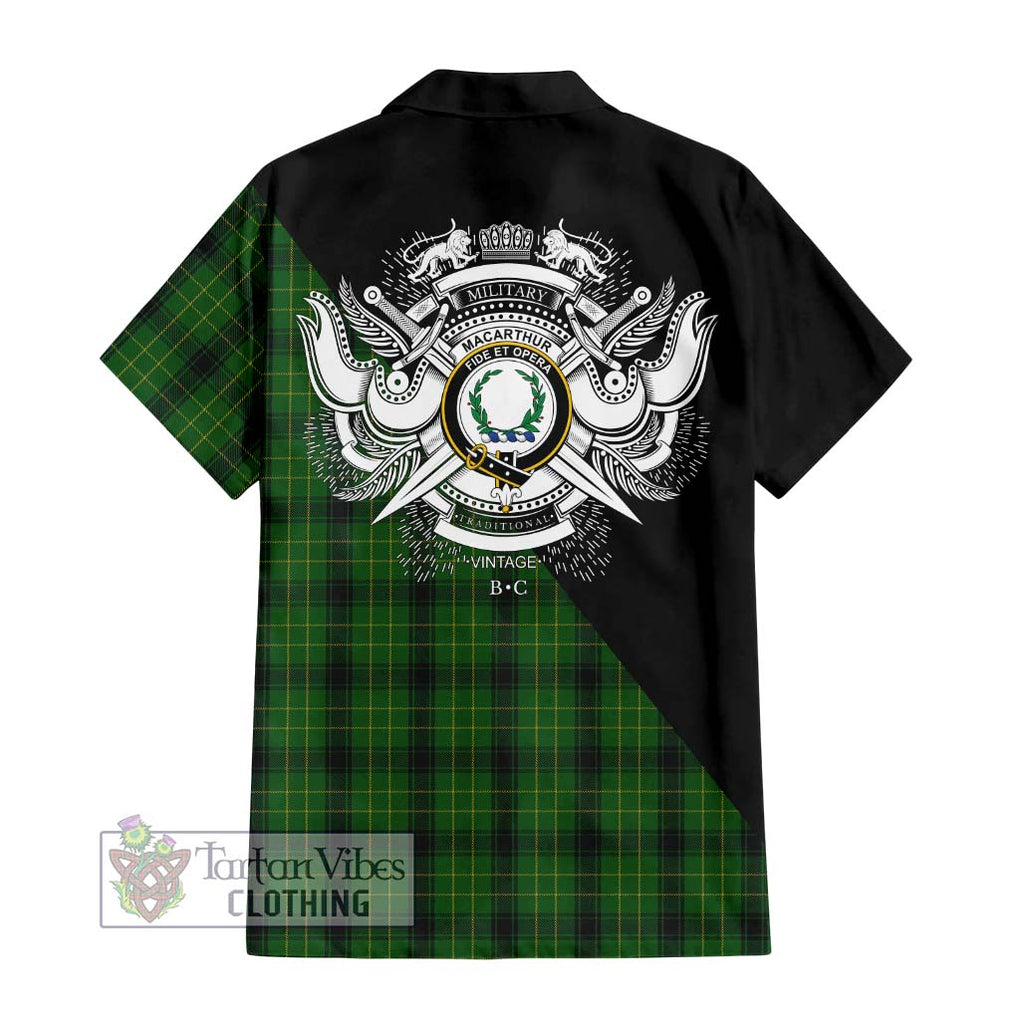 MacArthur Highland Tartan Short Sleeve Button Shirt with Family Crest and Military Logo Style - Tartanvibesclothing Shop