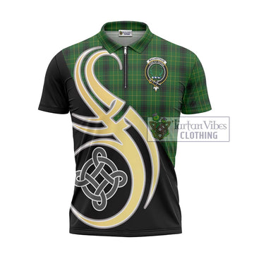 MacArthur Highland Tartan Zipper Polo Shirt with Family Crest and Celtic Symbol Style