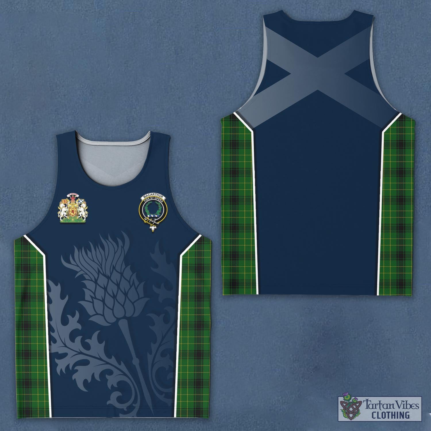 Tartan Vibes Clothing MacArthur Highland Tartan Men's Tanks Top with Family Crest and Scottish Thistle Vibes Sport Style