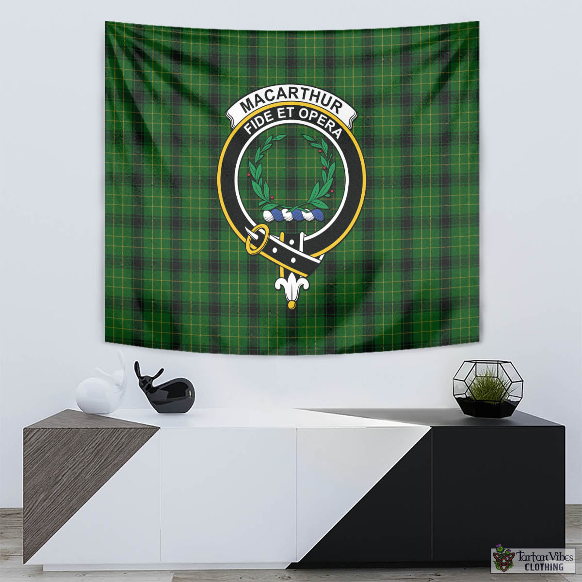 Tartan Vibes Clothing MacArthur Highland Tartan Tapestry Wall Hanging and Home Decor for Room with Family Crest