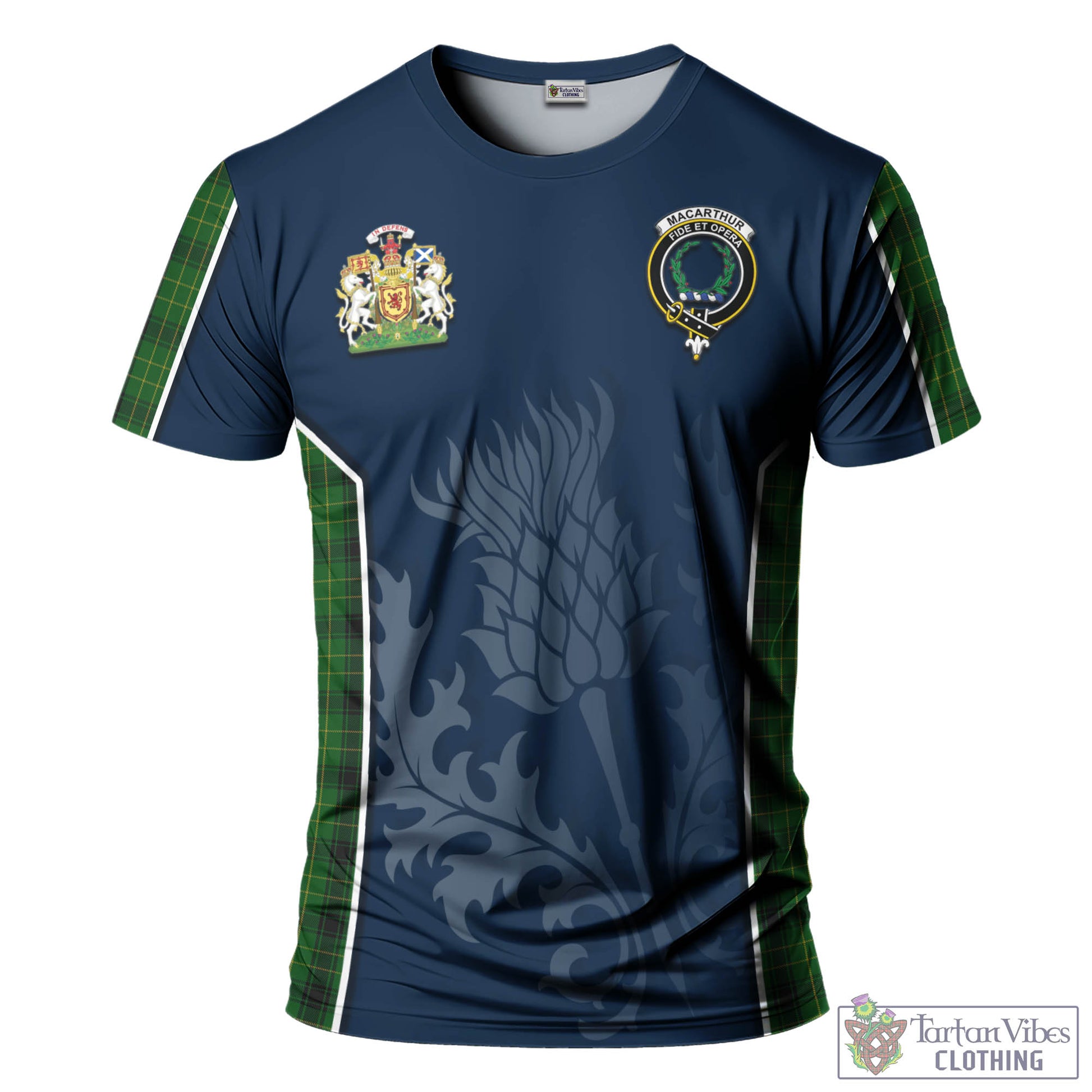 Tartan Vibes Clothing MacArthur Highland Tartan T-Shirt with Family Crest and Scottish Thistle Vibes Sport Style