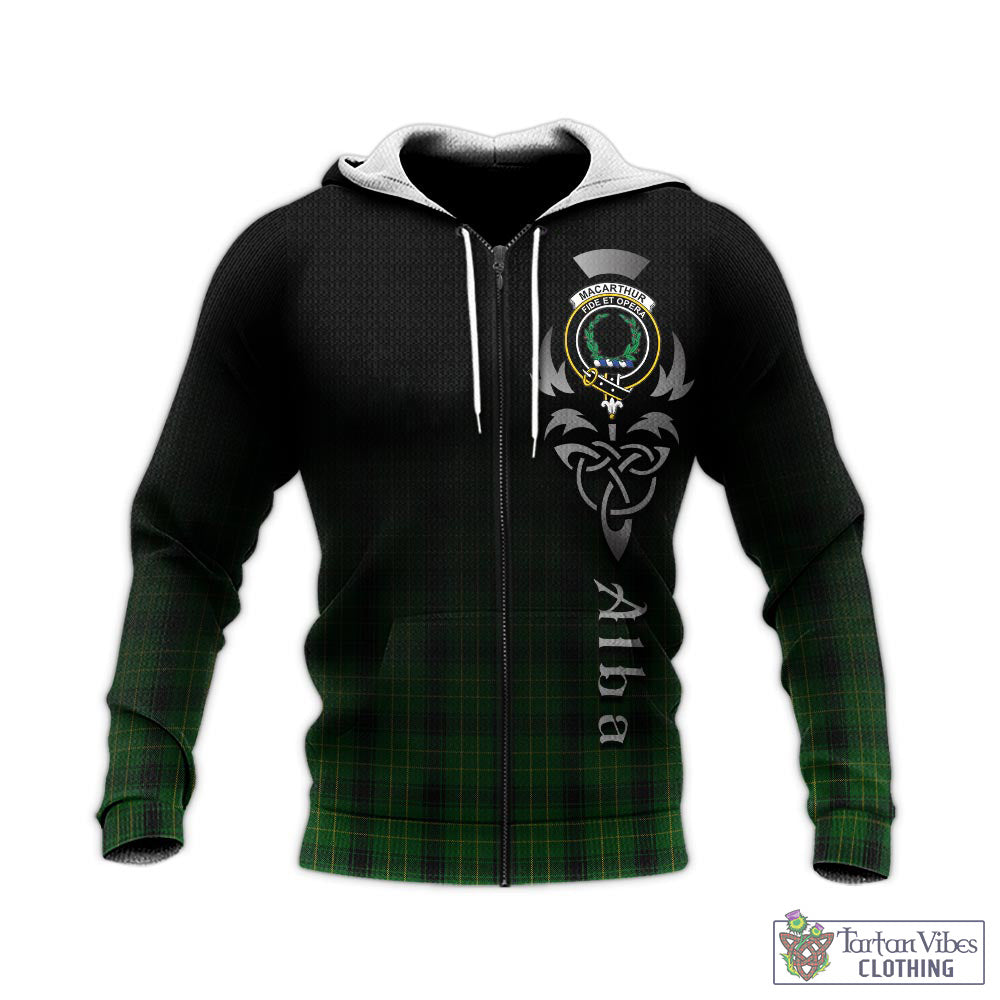 Tartan Vibes Clothing MacArthur Highland Tartan Knitted Hoodie Featuring Alba Gu Brath Family Crest Celtic Inspired