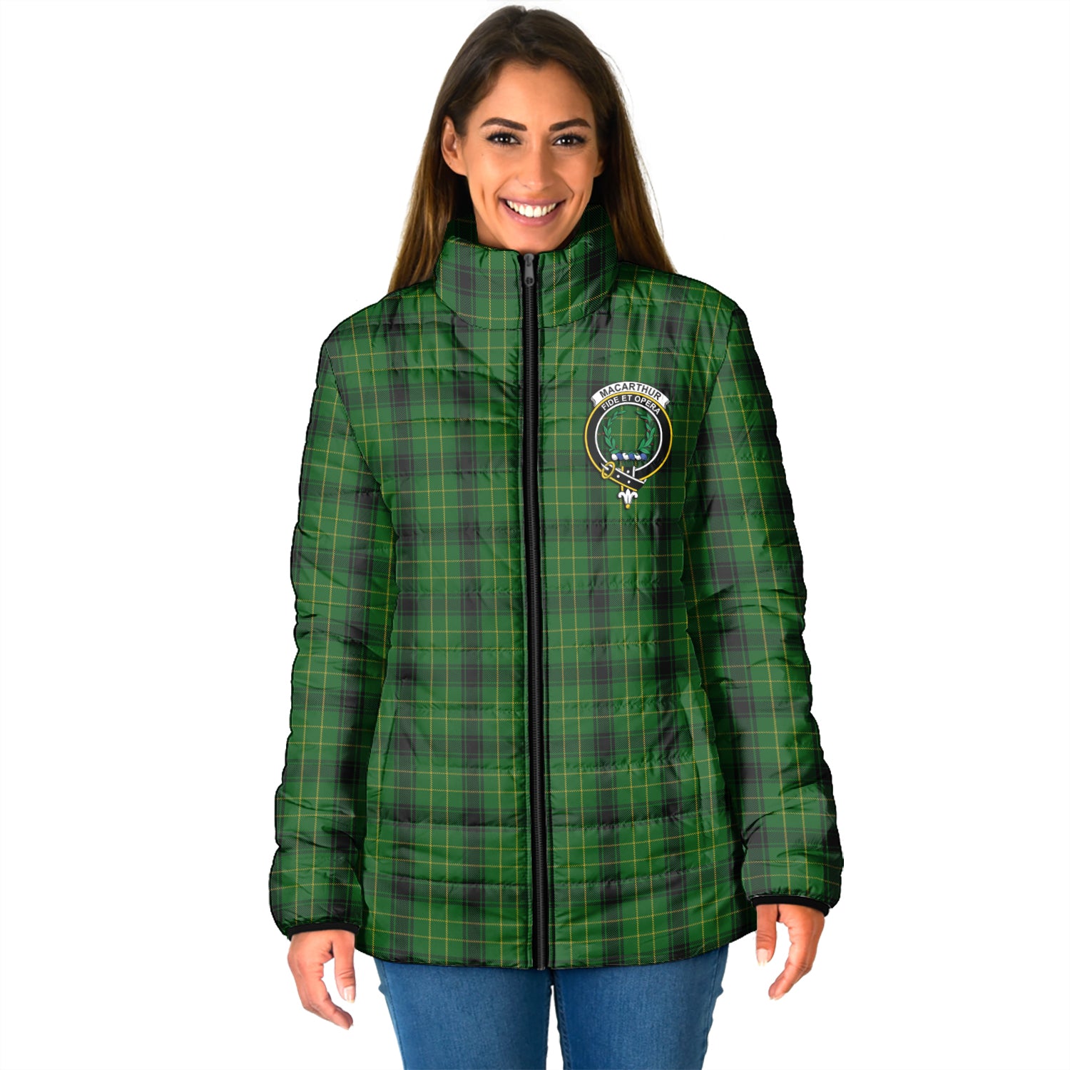 MacArthur Highland Tartan Padded Jacket with Family Crest - Tartan Vibes Clothing