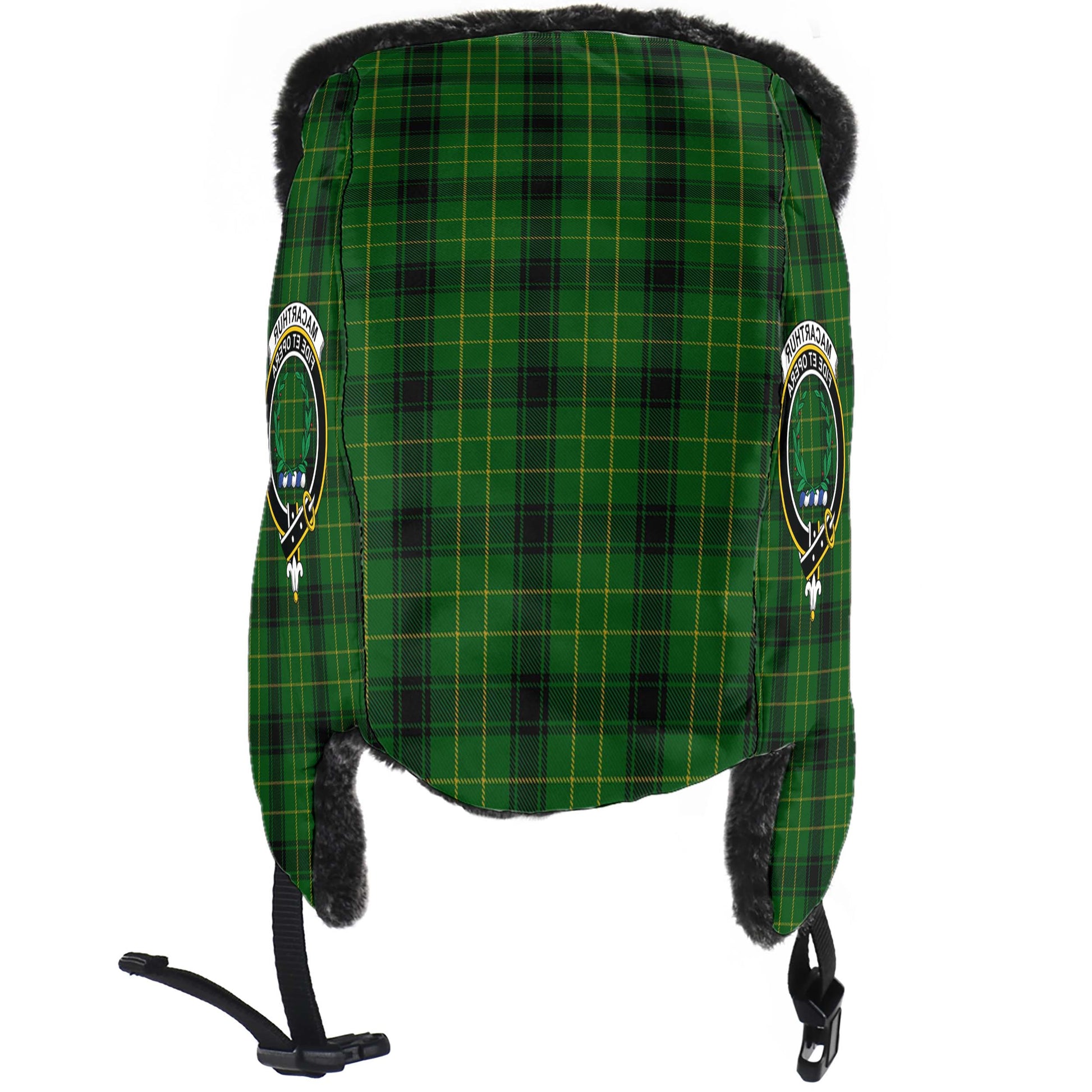 MacArthur Highland Tartan Winter Trapper Hat with Family Crest - Tartanvibesclothing