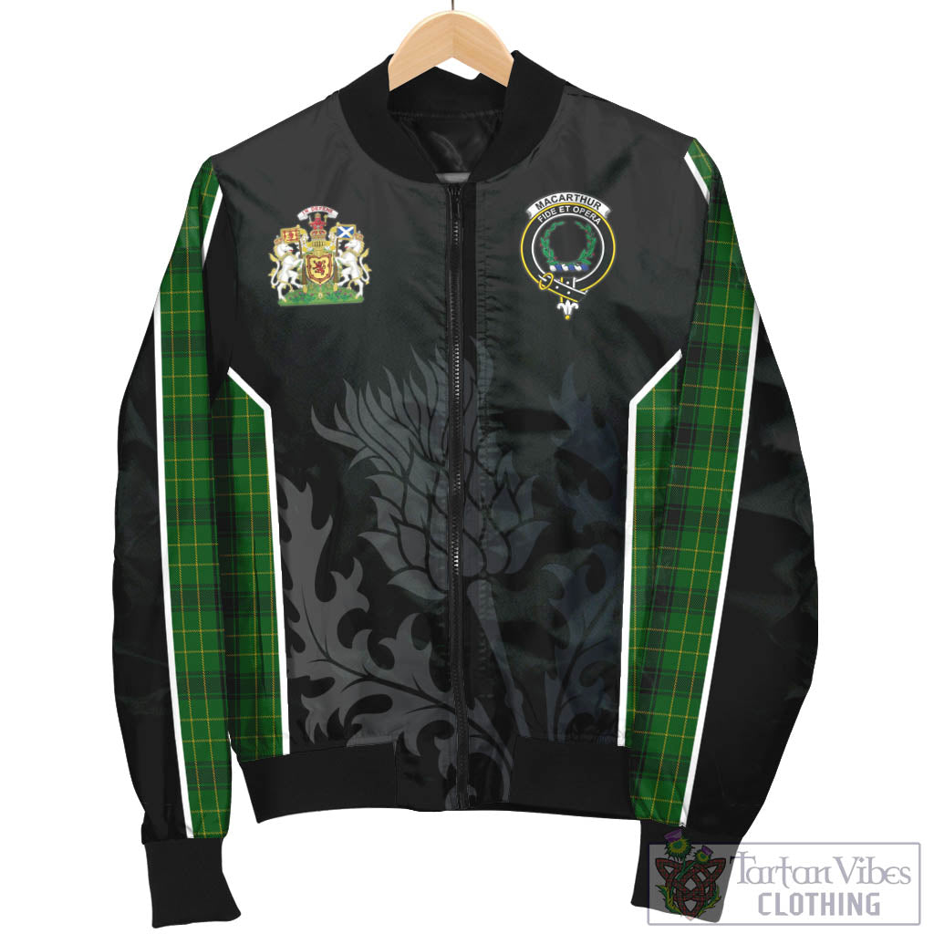 Tartan Vibes Clothing MacArthur Highland Tartan Bomber Jacket with Family Crest and Scottish Thistle Vibes Sport Style