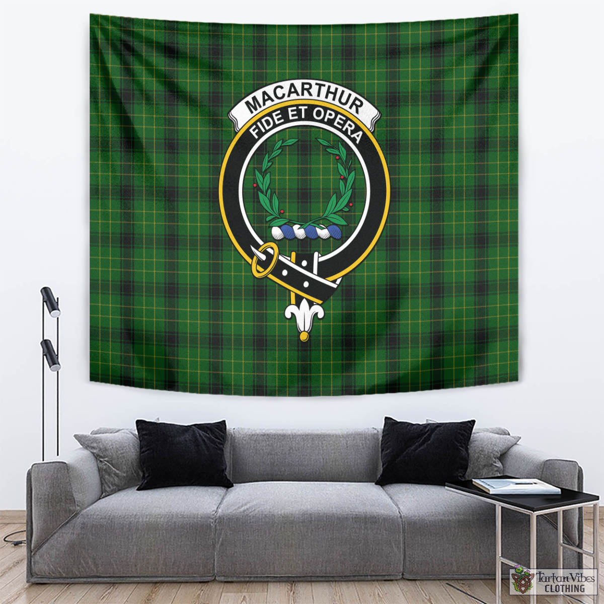 Tartan Vibes Clothing MacArthur Highland Tartan Tapestry Wall Hanging and Home Decor for Room with Family Crest