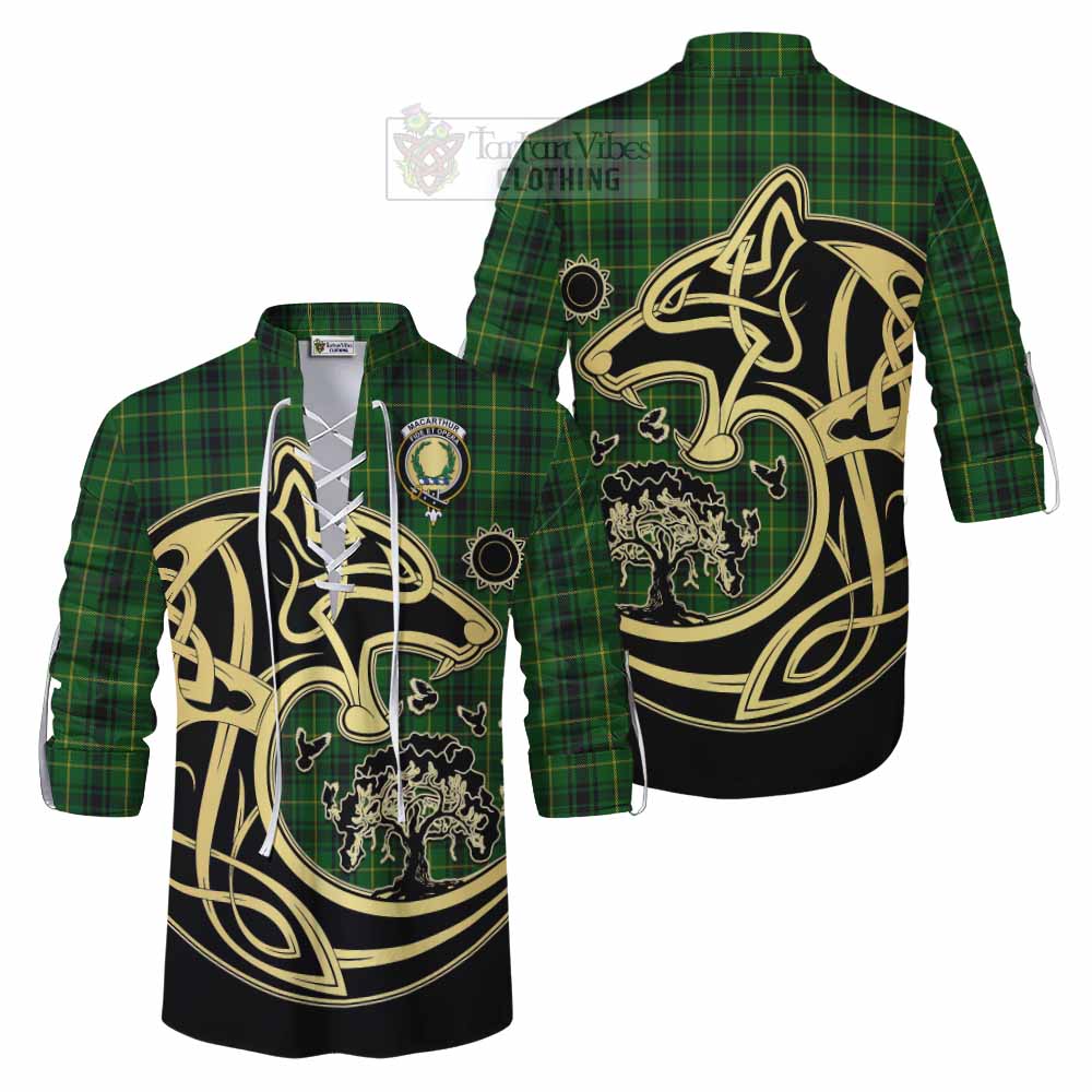 Tartan Vibes Clothing MacArthur (McArthur) Tartan Ghillie Kilt Shirt with Family Crest Celtic Wolf Style