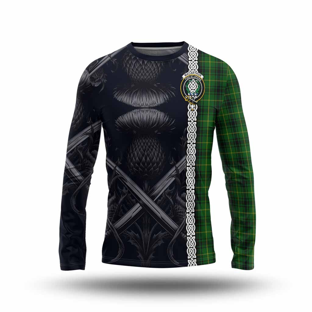 Tartan Vibes Clothing MacArthur (McArthur) Tartan Long Sleeve T-Shirt with Family Crest Cross Sword Thistle Celtic Vibes