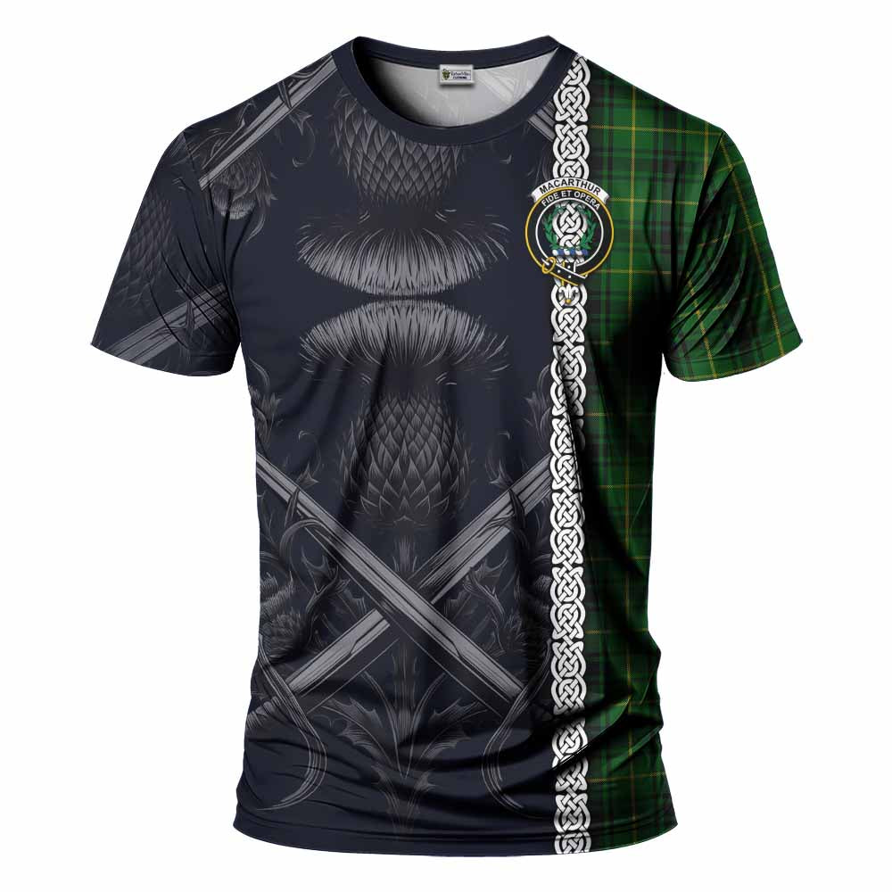 Tartan Vibes Clothing MacArthur (McArthur) Tartan T-Shirt with Family Crest Cross Sword Thistle Celtic Vibes