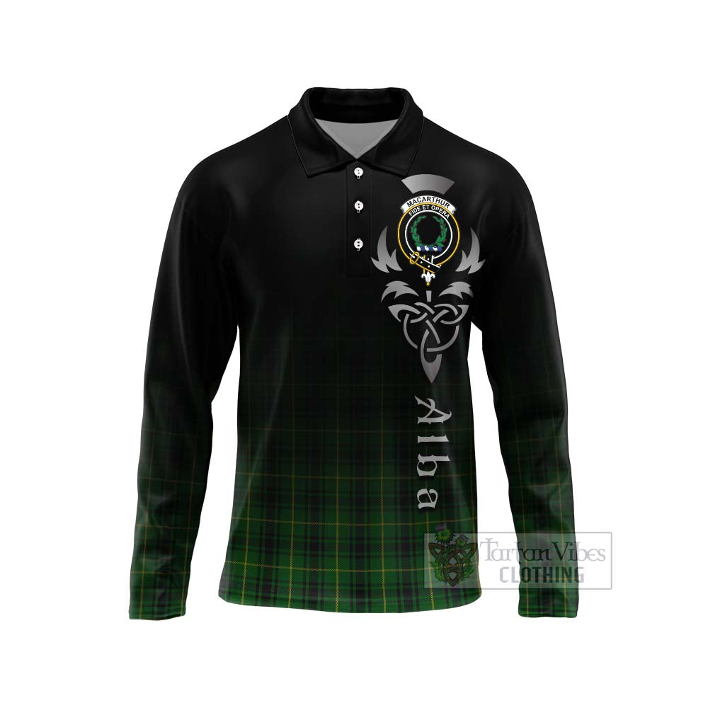 Tartan Vibes Clothing MacArthur (McArthur) Tartan Long Sleeve Polo Shirt Featuring Alba Gu Brath Family Crest Celtic Inspired