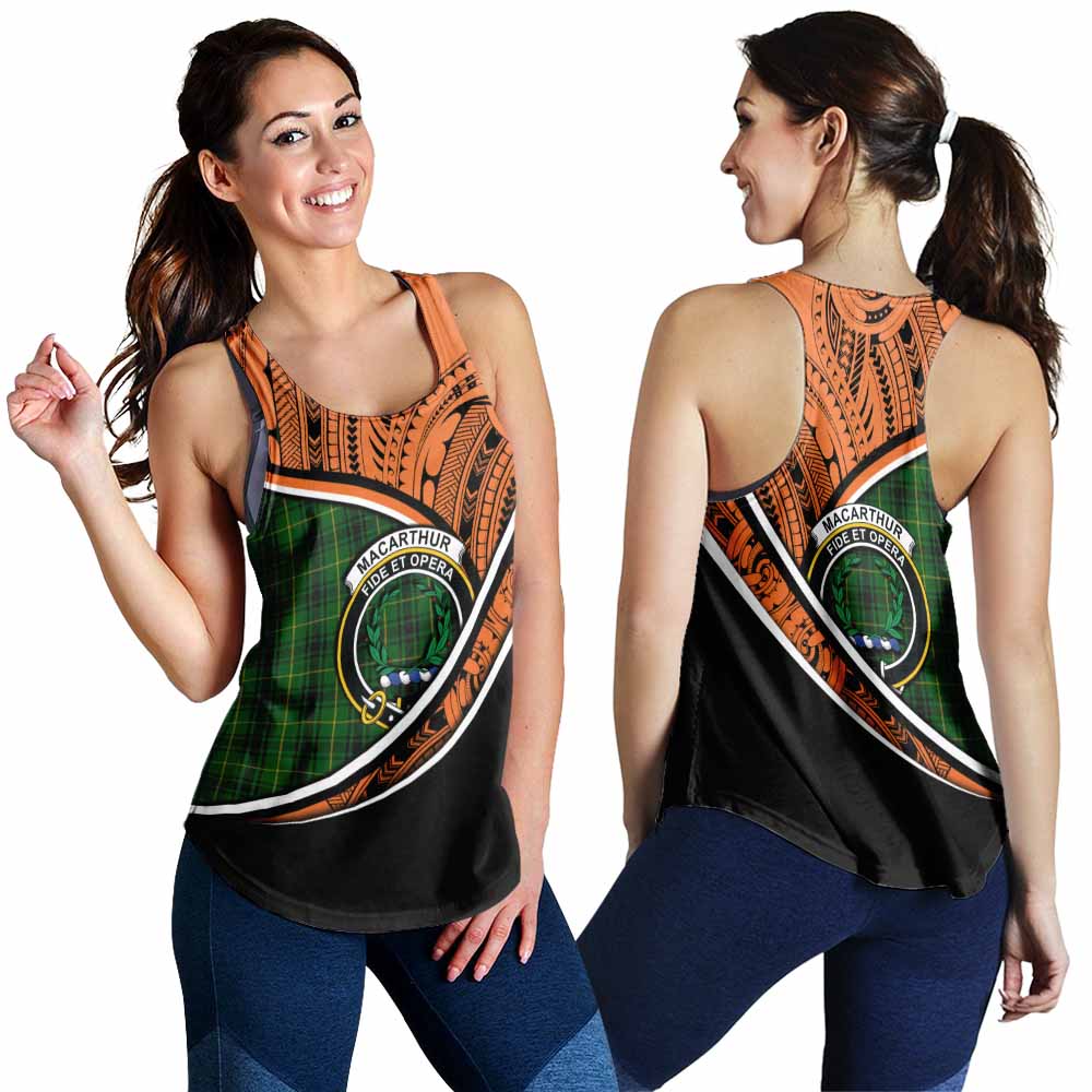 Tartan Vibes Clothing MacArthur (McArthur) Crest Tartan Women's Racerback Tanks with Maori Tattoo Style - Orange Version