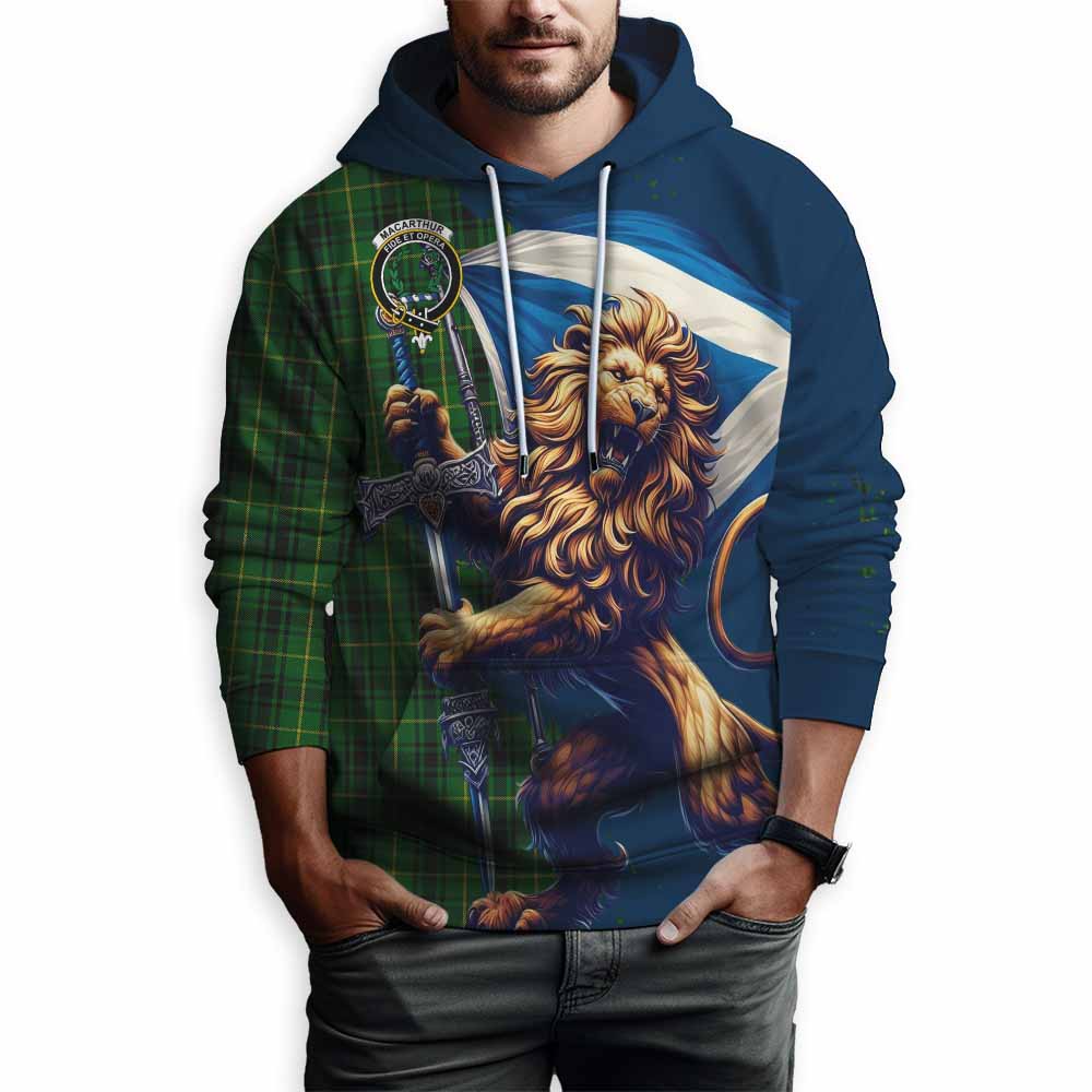 Tartan Vibes Clothing MacArthur (McArthur) Tartan Family Crest Hoodie with Scottish Majestic Lion