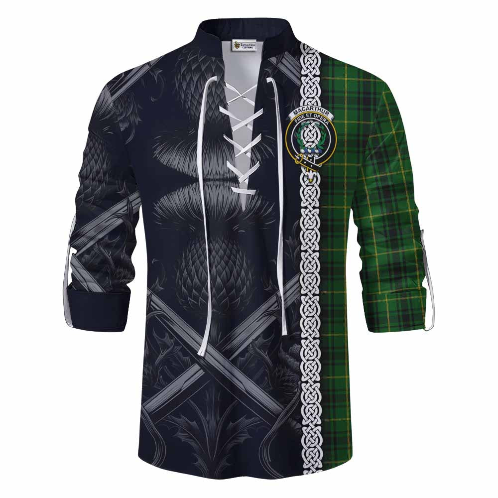 Tartan Vibes Clothing MacArthur (McArthur) Tartan Ghillie Kilt Shirt with Family Crest Cross Sword Thistle Celtic Vibes