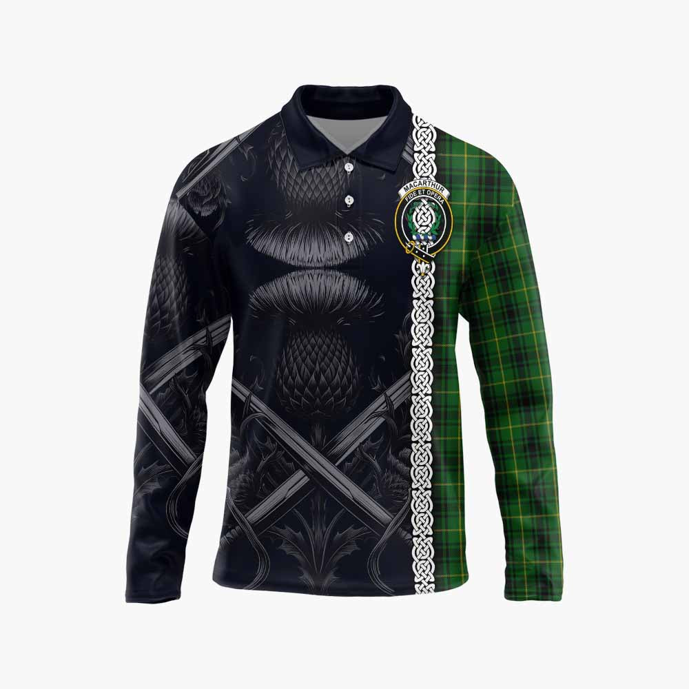 Tartan Vibes Clothing MacArthur (McArthur) Tartan Long Sleeve Polo Shirt with Family Crest Cross Sword Thistle Celtic Vibes