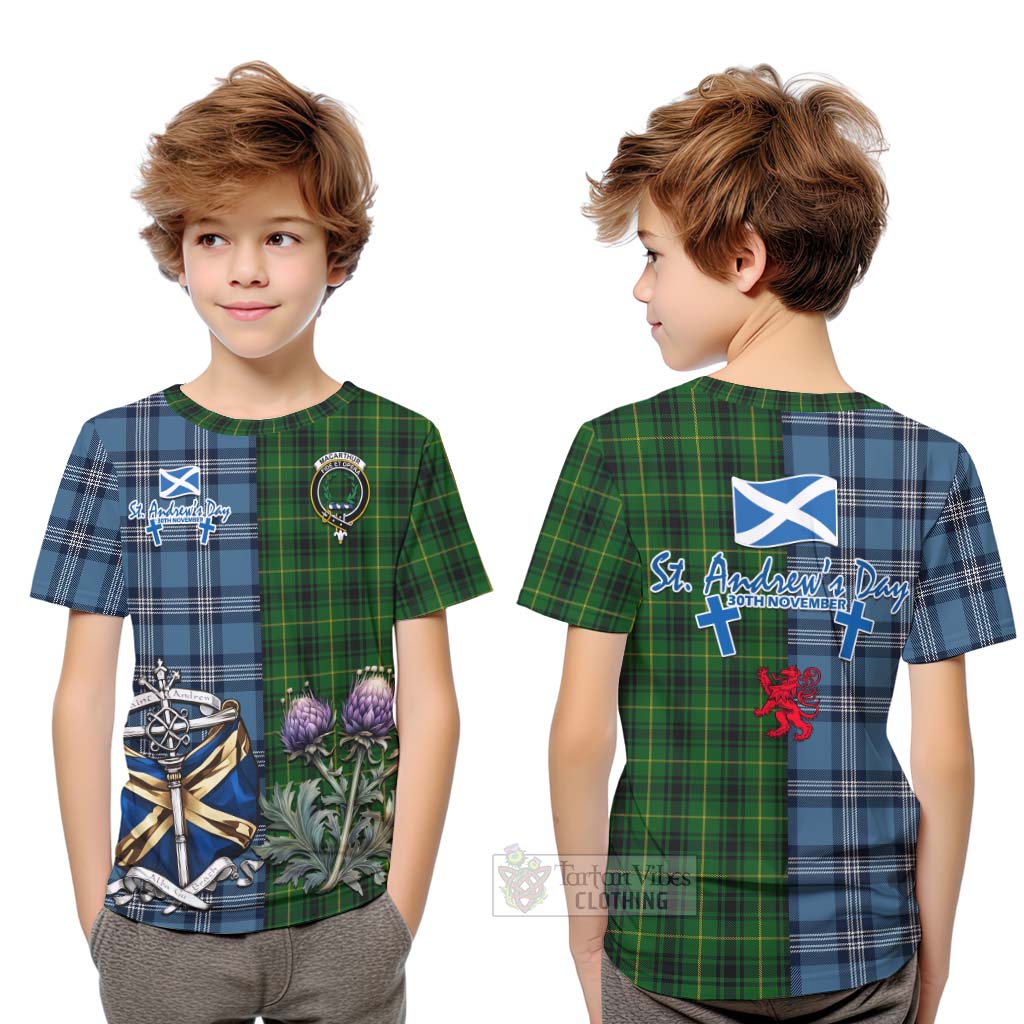 Tartan Vibes Clothing MacArthur (McArthur) Tartan Kid T-Shirt Happy St. Andrew's Day Half Tartan Style