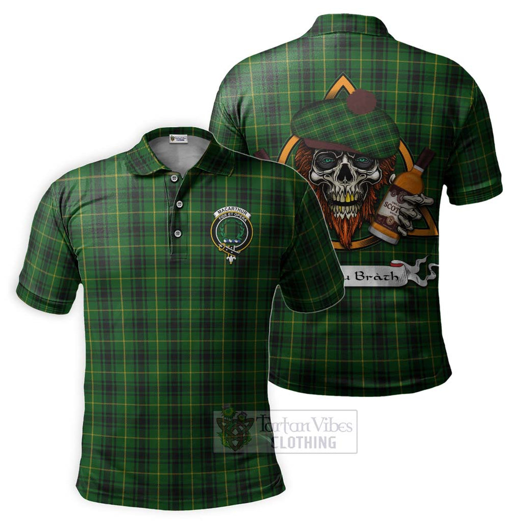 Tartan Vibes Clothing MacArthur (McArthur) Tartan Polo Shirt with Family Crest and Bearded Skull Holding Bottles of Whiskey