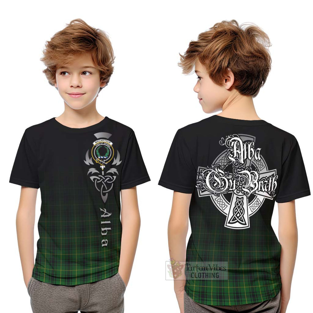 Tartan Vibes Clothing MacArthur (McArthur) Tartan Kid T-Shirt Featuring Alba Gu Brath Family Crest Celtic Inspired