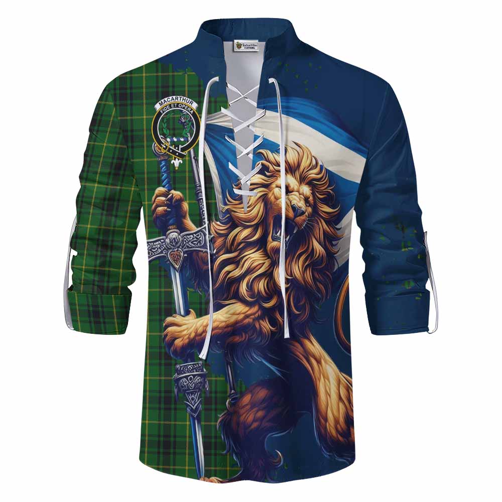 Tartan Vibes Clothing MacArthur (McArthur) Tartan Family Crest Ghillie Kilt Shirt with Scottish Majestic Lion