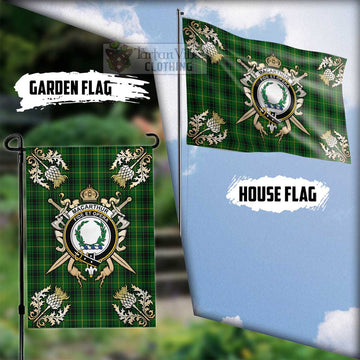 MacArthur (McArthur) Tartan Flag with Family Crest and Golden Thistle Crossed Sword Design