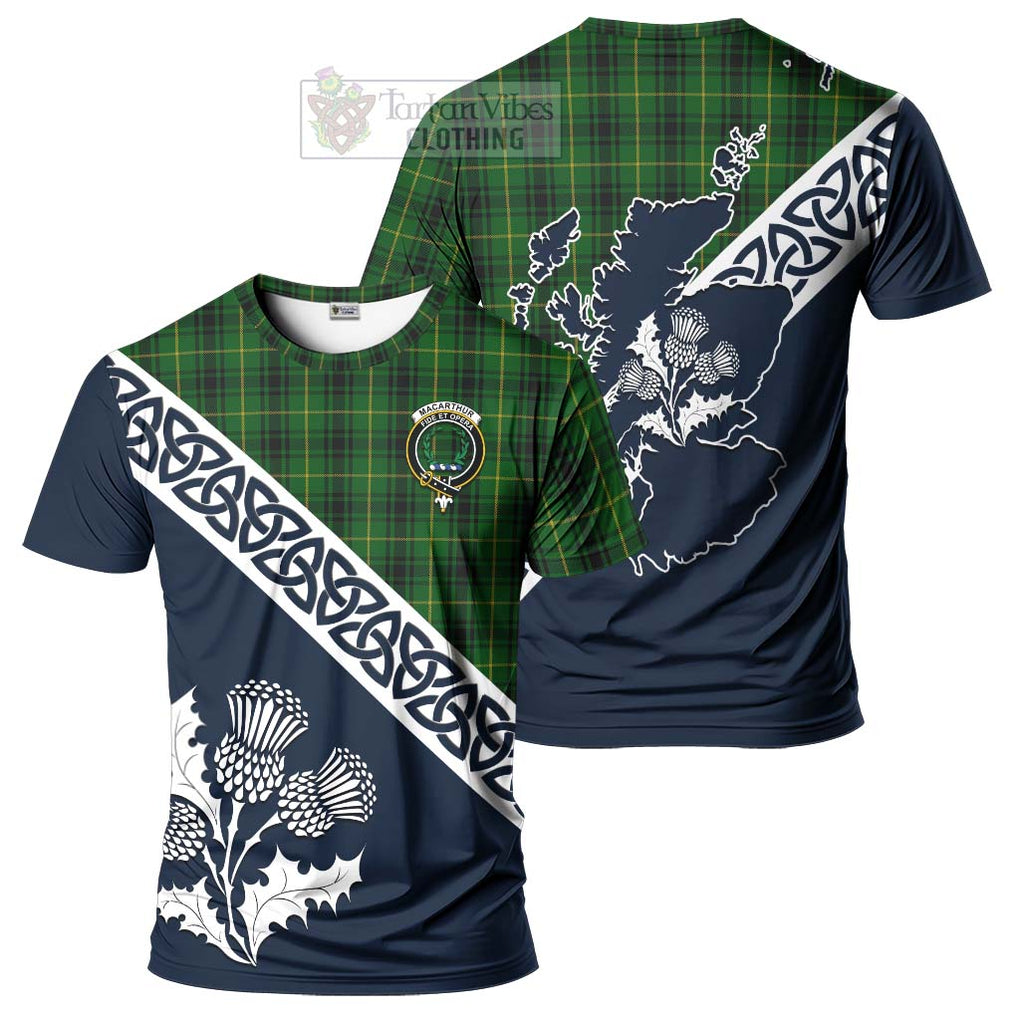 MacArthur (McArthur) Tartan T-Shirt Featuring Thistle and Scotland Map