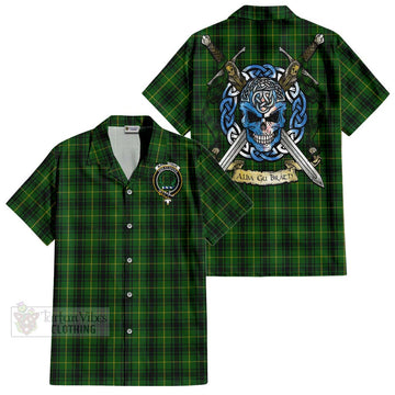 MacArthur (McArthur) Tartan Short Sleeve Button Shirt with Family Crest Celtic Skull Style