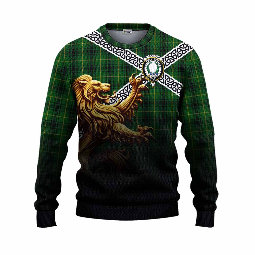 MacArthur (McArthur) Crest Tartan Knitted Sweater with Golden Lion Emblem Celtic Style Unisex - Tartan Vibes Clothing