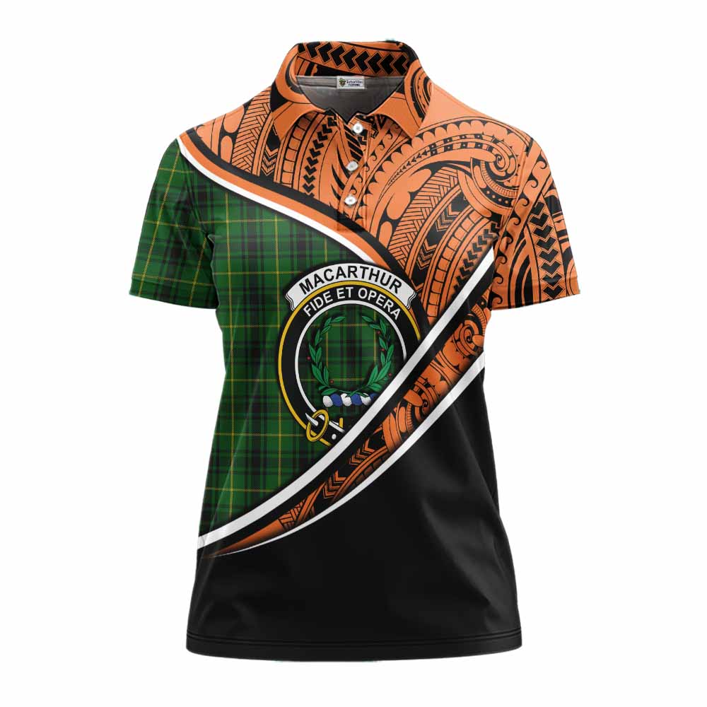 Tartan Vibes Clothing MacArthur (McArthur) Crest Tartan Women's Polo Shirt with Maori Tattoo Style - Orange Version