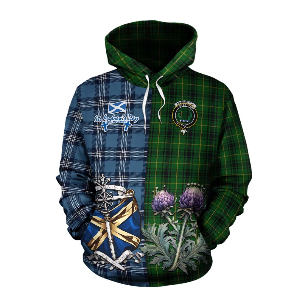 Tartan Vibes Clothing MacArthur (McArthur) Tartan Cotton Hoodie Happy St. Andrew's Day Half Tartan Style