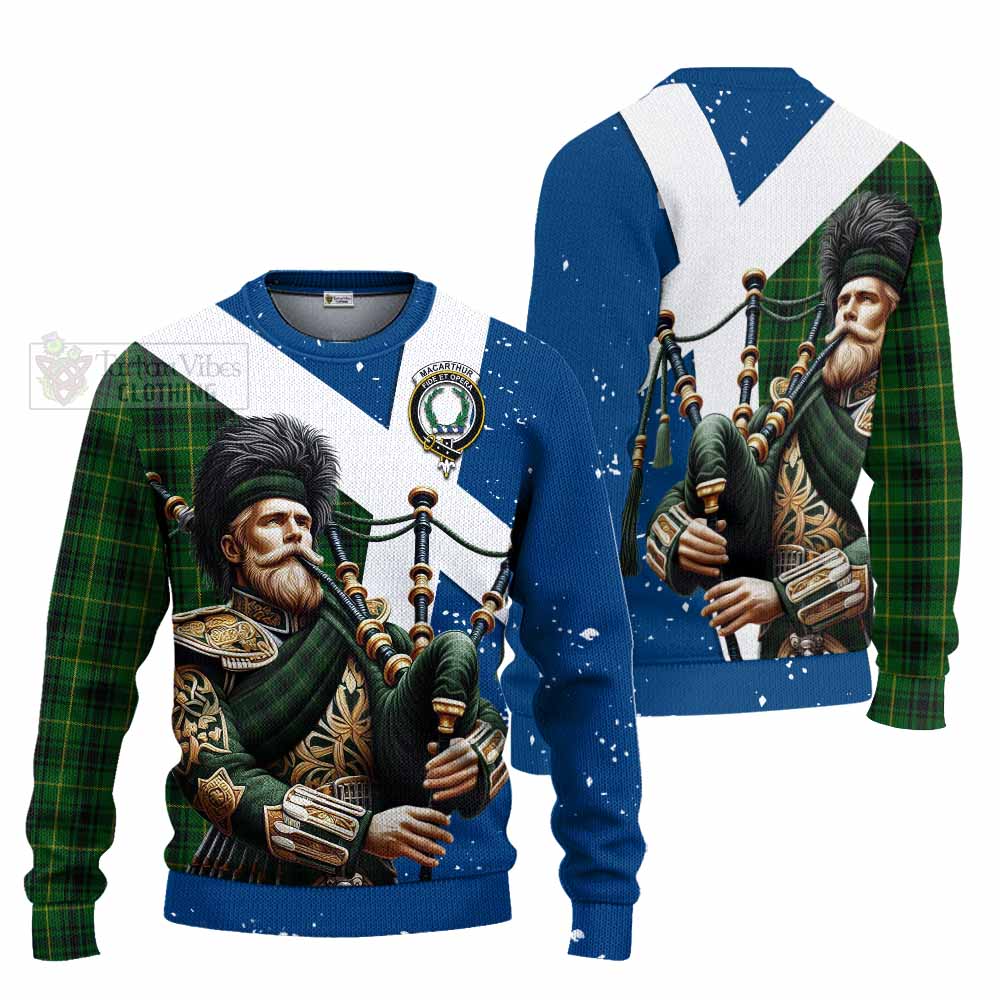 Tartan Vibes Clothing MacArthur (McArthur) Tartan Knitted Sweater with Family Crest Scottish Bagpiper Vibes