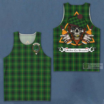 MacArthur (McArthur) Tartan Men's Tank Top with Family Crest and Bearded Skull Holding Bottles of Whiskey