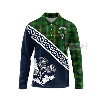 MacArthur (McArthur) Tartan Long Sleeve Polo Shirt Featuring Thistle and Scotland Map