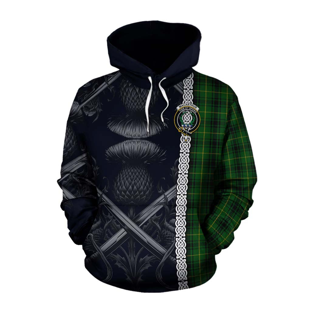 Tartan Vibes Clothing MacArthur (McArthur) Tartan Cotton Hoodie with Family Crest Cross Sword Thistle Celtic Vibes