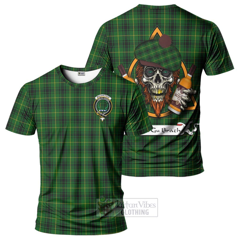 Tartan Vibes Clothing MacArthur (McArthur) Tartan T-Shirt with Family Crest and Bearded Skull Holding Bottles of Whiskey