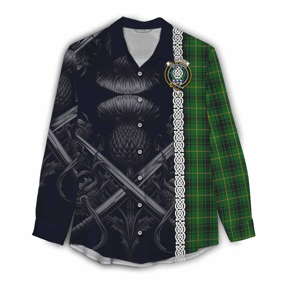 Tartan Vibes Clothing MacArthur (McArthur) Tartan Women's Casual Shirt with Family Crest Cross Sword Thistle Celtic Vibes