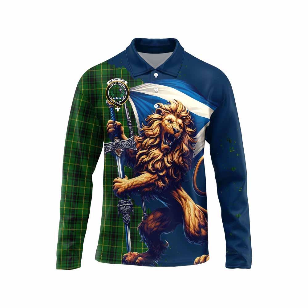 Tartan Vibes Clothing MacArthur (McArthur) Tartan Family Crest Long Sleeve Polo Shirt with Scottish Majestic Lion