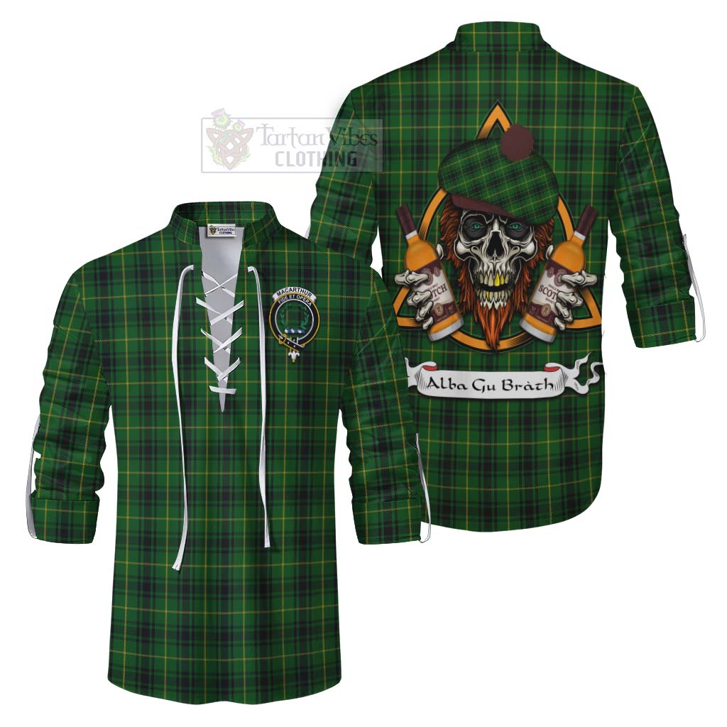 Tartan Vibes Clothing MacArthur (McArthur) Tartan Ghillie Kilt Shirt with Family Crest and Bearded Skull Holding Bottles of Whiskey